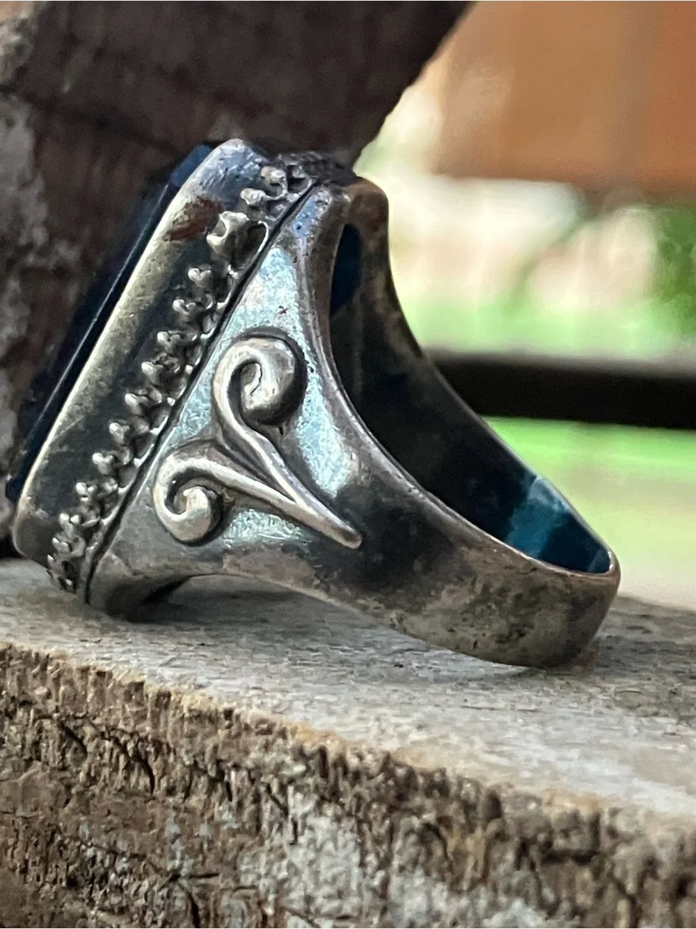 925 Intaglio Cameo Reverse Carved Blue Glass Vintage Sterling Silver Ring 7